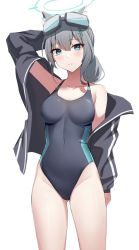Rule 34 | 1girl, absurdres, animal ears, arm behind head, arm up, bare shoulders, black jacket, black one-piece swimsuit, blue archive, blue eyes, breasts, competition swimsuit, cowboy shot, g home, goggles, goggles on head, grey hair, halo, highleg, highleg swimsuit, highres, jacket, large breasts, long hair, long sleeves, looking at viewer, off shoulder, one-piece swimsuit, open clothes, open jacket, parted lips, shiroko (blue archive), shiroko (swimsuit) (blue archive), simple background, solo, swimsuit, thighs, white background