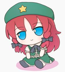 Rule 34 | 1girl, black bow, black bowtie, blue eyes, bow, bowtie, braid, character doll, fumo (doll), green skirt, green vest, hair bow, hong meiling, long hair, puffy short sleeves, puffy sleeves, red hair, rei (tonbo0430), shadow, short sleeves, side braid, simple background, skirt, smile, solo, touhou, twin braids, vest, white background, white sleeves