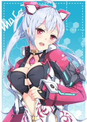 Rule 34 | 1girl, ahoge, breasts, choker, cleavage, cleavage cutout, clothing cutout, floating hair, gem, hair between eyes, hairband, head tilt, large breasts, long hair, looking at viewer, matoi (pso2), milkpanda, open clothes, open mouth, phantasy star, phantasy star online 2, red eyes, red hairband, silver hair, solo, twintails, upper body