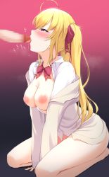 Rule 34 | 1boy, 1girl, ahoge, arm between legs, blonde hair, blush, bottomless, bow, bowtie, breasts, cardigan, censored, collared shirt, commentary request, dress shirt, erection, fellatio, from side, gradient background, hair bow, hetero, highres, knees out of frame, long hair, long sleeves, medium breasts, mosaic censoring, nijisanji, nipples, no bra, off shoulder, open cardigan, open clothes, open shirt, oral, penis, profile, purple eyes, red bow, red bowtie, red eyes, saliva, school uniform, seiza, shirayuiii, shirt, sitting, solo focus, takamiya rion, tongue, twintails, virtual youtuber, white cardigan, white shirt