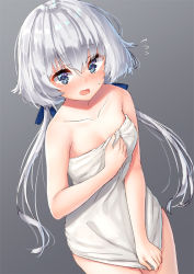 Rule 34 | 10s, 1girl, :o, armpit crease, bare shoulders, blue eyes, blue ribbon, blush, breasts, collarbone, commentary request, cowboy shot, embarrassed, flying sweatdrops, gradient background, grey background, hair between eyes, hair ribbon, holding, holding towel, konno junko, long hair, looking at viewer, low twintails, medium breasts, naked towel, open mouth, pensuke, ribbon, silver hair, solo, standing, sweatdrop, thighs, towel, twintails, zombie land saga