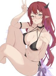 Rule 34 | 1girl, arm up, bare shoulders, bikini, black bikini, black choker, blue eyes, breasts, choker, chyraliss, cleavage, commentary, glasses, halo, heart, heart-shaped pupils, heterochromia, highres, hololive, hololive english, horns, irys (hololive), knees up, large breasts, long hair, multicolored hair, navel, open mouth, pointy ears, purple eyes, purple hair, red hair, round eyewear, sitting, solo, star halo, stomach, swimsuit, symbol-shaped pupils, two-tone hair, v, very long hair, virtual youtuber