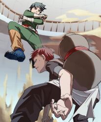 Rule 34 | 2boys, arena, bandaged arm, bandaged hand, bandages, battle, belt, black hair, black pants, black shirt, blue footwear, bowl cut, clenched hand, clenched teeth, crossed arms, fighting stance, fishnet top, forehead tattoo, gaara (naruto), gourd, green jumpsuit, highres, jumping, jumpsuit, leg warmers, long sleeves, looking at another, male focus, multiple boys, naruto (series), pants, parted lips, pnpk 1013, red belt, red hair, rock lee, sand, shirt, short hair, short sleeves, sweatdrop, teeth, thick eyebrows, toeless footwear