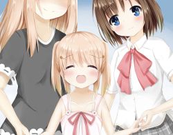 Rule 34 | 3girls, arizuki shiina, arizuki ui, black shirt, blue eyes, blush, brown hair, closed eyes, dress, faceless, faceless female, family, grey skirt, hair ornament, hairclip, head out of frame, highres, holding hands, kud wafter, little busters!, long hair, mother and daughter, multiple girls, open mouth, pink dress, plaid, plaid skirt, quad tails, resolution mismatch, school uniform, shirt, short sleeves, siblings, sisters, skirt, smile, source smaller, sundress, tears, upper body, white dress, white shirt