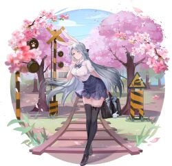 Rule 34 | animal ears, aola star, arm behind back, bow, bowtie, breasts, cherry blossoms, highres, large breasts, non-web source, official art, pointy ears, rabbit ears, railroad tracks, red eyes, shirt, skirt, thighhighs, white shirt