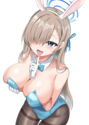 Rule 34 | 1girl, animal ears, arm between breasts, asuna (blue archive), asuna (bunny) (blue archive), bare shoulders, between breasts, black pantyhose, blue archive, blue bow, blue eyes, blue leotard, blue ribbon, blush, bow, bowtie, breast lift, breasts, cowboy shot, detached collar, fake animal ears, finger to mouth, gloves, hair over one eye, hair ribbon, hairband, halo, highleg, highleg leotard, highres, large breasts, leotard, light brown hair, long hair, looking at viewer, mole, mole on breast, open mouth, pantyhose, playboy bunny, rabbit ears, rabbit tail, ribbon, rumiya9i, simple background, smile, solo, strapless, strapless leotard, tail, thighband pantyhose, tongue, tongue out, traditional bowtie, white background, white gloves, white hairband