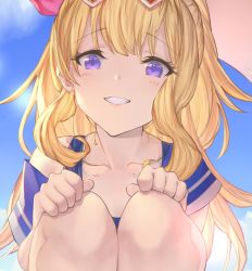 Rule 34 | 1girl, bare shoulders, betabeet, blonde hair, blue one-piece swimsuit, blue sky, blush, breasts, cagliostro (granblue fantasy), collarbone, day, eyewear on head, granblue fantasy, grin, heart, heart-shaped eyewear, highres, knees up, long hair, looking at viewer, one-piece swimsuit, ponytail, purple eyes, sailor collar, sky, small breasts, smile, solo, squatting, swimsuit, white one-piece swimsuit