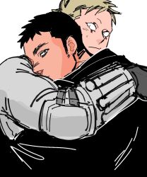 Rule 34 | 2boys, aikawa (dorohedoro), bara, black hair, blonde hair, colored tips, couple, dorohedoro, expressionless, facial mark, from side, head on another&#039;s shoulder, head rest, hug, looking at viewer, male focus, medium sideburns, multicolored hair, multiple boys, mutual hug, no eyebrows, risu (dorohedoro), sasaki (ssk p3), sweatdrop, thick eyebrows, unfinished, upper body, yaoi