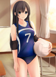 Rule 34 | 1girl, ball, black hair, blue eyes, breasts, buruma, cameltoe, chair, classroom, collarbone, curtains, desk, elbow pads, holding, holding ball, indoors, long hair, looking at viewer, medium breasts, nonaka ritsu, original, parted lips, school, school chair, school desk, sidelocks, solo, sportswear, volleyball, volleyball (object), volleyball uniform