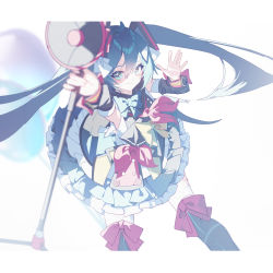 Rule 34 | 1girl, absurdres, aqua bow, aqua eyes, aqua hair, black thighhighs, blue skirt, blurry, blurry background, bow, bowtie, closed mouth, detached sleeves, frilled skirt, frills, hatsune miku, highres, holding, holding megaphone, long sleeves, looking at viewer, megaphone, pink bow, qtian, shirt, simple background, sitting, skirt, sleeveless, sleeveless shirt, smile, solo, thighhighs, twintails, vocaloid, white background, white shirt