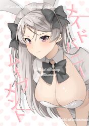 Rule 34 | 1girl, alternate costume, animal ears, black bow, blush, bow, bowtie, breasts, cleavage, closed mouth, conte di cavour (kancolle), cover, cover page, fake animal ears, grey hair, hair bow, highres, kantai collection, large breasts, long hair, looking at viewer, maid headdress, purple eyes, rabbit ears, short sleeves, solo, toriniku senshi chikinman