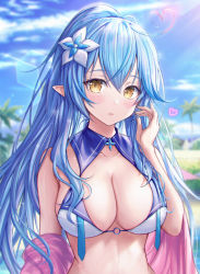 Rule 34 | 1girl, ahoge, bare shoulders, bikini, blue hair, blurry, breasts, cleavage, close-up, collarbone, day, depth of field, flower, hair flower, hair ornament, hand up, heart, heart ahoge, highres, hololive, large breasts, long hair, looking at viewer, mirukurim, off shoulder, open clothes, outdoors, parted lips, pointy ears, ponytail, sailor bikini, sailor collar, sidelocks, solo, stomach, string bikini, swimsuit, upper body, very long hair, virtual youtuber, wet, white bikini, yellow eyes, yukihana lamy