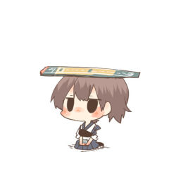 Rule 34 | 10s, 1girl, black eyes, blush, chibi, flight deck, jitome, kaga (kancolle), kantai collection, lowres, object on head, on head, rebecca (keinelove), short hair, side ponytail, sitting, solid circle eyes, solo