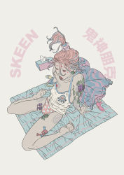 Rule 34 | 1girl, absurdres, barefoot, bed sheet, body writing, drooling, facial mark, from above, from side, heart, heart print, highres, leaning back, messy hair, multicolored hair, nail polish, one eye closed, open mouth, original, panties, pillow, pink hair, purple nails, sex toy, sitting, solo, strap slip, tank top, tattoo, tissue box, topknot, underwear, waking up, wariza, yawning, zeenchin