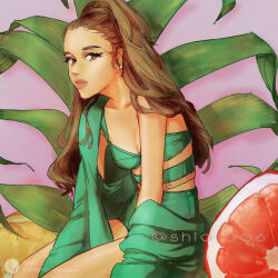Rule 34 | 1girl, animification, ariana grande, bra, breasts, brown eyes, brown hair, cleavage, collarbone, green bra, green jacket, green shorts, high-waist shorts, jacket, jacket on shoulders, leaning forward, lily (shio1006), lofter logo, lofter username, long hair, parted lips, plant, real life, shadow, shorts, small breasts, solo, twitter username, underwear