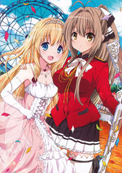 Rule 34 | 10s, 2girls, :d, absurdres, amagi brilliant park, antenna hair, black skirt, blonde hair, blue eyes, bow, breasts, brown eyes, brown hair, cleavage, collarbone, day, diadem, dress, elbow gloves, frilled skirt, frills, gloves, gun, hair bow, hand on another&#039;s shoulder, high ponytail, highres, holding, holding gun, holding weapon, huge filesize, jewelry, latifa fleuranza, leg up, long hair, looking at viewer, multiple girls, neck ribbon, necklace, open mouth, outdoors, pink dress, pleated skirt, ragho no erika, red shirt, ribbon, riffle, rifle, sento isuzu, shirt, skirt, sleeveless, sleeveless dress, small breasts, smile, standing, thighhighs, weapon, white bow, white gloves, white legwear, white ribbon, zettai ryouiki