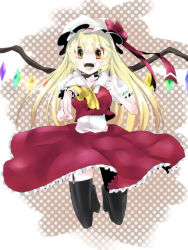 Rule 34 | 1girl, alternate hairstyle, black thighhighs, blonde hair, female focus, flandre scarlet, full body, hat, hat ribbon, highres, jumping, long hair, aged up, open mouth, ribbon, solo, thighhighs, touhou, yamineko, zettai ryouiki