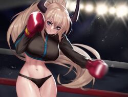 Rule 34 | 1girl, artist name, boxing, boxing gloves, boxing ring, character request, dungeon and fighter, horns, midriff, navel, tagme