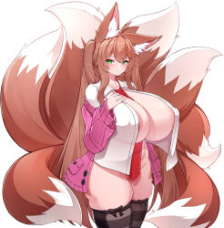 Rule 34 | 1girl, 5danny1206, animal ear fluff, animal ears, areola slip, black thighhighs, breasts, brown hair, cardigan, closed mouth, commission, curvy, fox ears, fox girl, fox tail, green eyes, hand on own chest, highres, huge breasts, large areolae, long hair, looking at viewer, multiple tails, open cardigan, open clothes, open shirt, original, pink cardigan, plushmallow, shirt, simple background, smile, solo, striped clothes, striped thighhighs, tail, thick thighs, thighhighs, thighs, very long hair, white background, white shirt, wide hips