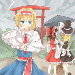 Rule 34 | 3girls, alice margatroid, arm garter, bad id, bad pixiv id, black footwear, blonde hair, blue dress, blue eyes, bobby socks, bow, braid, broom, capelet, cheating (relationship), covering own mouth, crying, crying with eyes open, detached sleeves, dress, frills, green bow, hair bow, hair tubes, hairband, hakurei reimu, hat, hat bow, japanese clothes, kirisame marisa, lightning, lolita hairband, long sleeves, meng ziya, miko, multiple girls, netorare, puffy long sleeves, puffy short sleeves, puffy sleeves, rain, red bow, sash, shared umbrella, shoes, short hair, short sleeves, side braid, skirt, skirt set, socks, solo focus, tears, torii, touhou, umbrella, white bow, white legwear, wide sleeves, witch hat