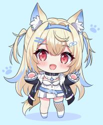 Rule 34 | 1girl, adju ster, animal ear fluff, animal ears, bandaid, bandaid hair ornament, belt, black collar, black jacket, blonde hair, blue background, blue belt, blue hair, blue hairband, blush, chibi, collar, dog girl, dress, fake horns, fang, full body, fur-trimmed jacket, fur trim, fuwawa abyssgard, fuwawa abyssgard (1st costume), hair ornament, hairband, hairpin, hands up, hololive, hololive english, horns, jacket, long sleeves, looking at viewer, multicolored hair, open clothes, open jacket, open mouth, paw print, paw print background, red eyes, simple background, single thighhigh, smile, solo, standing, streaked hair, thighhighs, two side up, virtual youtuber, white dress