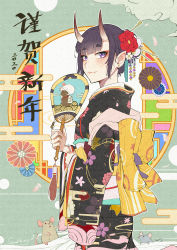 Rule 34 | 1girl, absurdres, black kimono, blush, chinese commentary, chinese zodiac, closed mouth, commentary request, earrings, eyeshadow, fang, fate/grand order, fate (series), floral print, flower, from side, hair bun, hair flower, hair ornament, hairpin, hand fan, highres, holding, holding fan, horns, japanese clothes, jewelry, kaer sasi dianxia, kimono, light smile, long sleeves, makeup, mouse (animal), nengajou, new year, obi, obiage, paper fan, pointy ears, purple eyes, purple hair, sash, short hair, shuten douji (fate), sidelocks, single hair bun, skin-covered horns, smile, solo, standing, thick eyebrows, translation request, wide sleeves, year of the rat