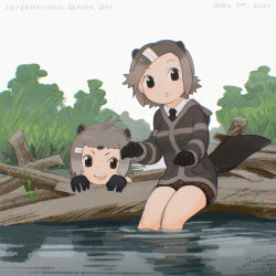 Rule 34 | 2girls, :o, american beaver (kemono friends), animal ears, antenna hair, beaver ears, beaver tail, black eyes, black gloves, black necktie, brown hair, brown hoodie, collared shirt, commentary request, dam, dated, english text, eurasian beaver (kemono friends), foliage, gloves, gradient hair, hair ornament, hairclip, highres, hood, hood down, hoodie, inada roku, kemono friends, log, looking at viewer, multicolored hair, multiple girls, necktie, outdoors, partially submerged, raised eyebrows, red shorts, river, shirt, short hair, short shorts, shorts, signature, sitting, sky, smile, soaking feet, swept bangs, tail, white sky