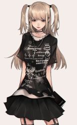 Rule 34 | 1girl, absurdres, alternate costume, amane misa, bad id, bad pixiv id, black choker, black shirt, black skirt, blonde hair, choker, cross, cross necklace, death note, death note (object), english text, goth fashion, highres, jewelry, mano aaa, necklace, shirt, skirt, solo, twintails