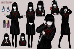 Rule 34 | 1girl, absurdres, black hair, black pantyhose, black skirt, blunt bangs, cellphone, cellphone charm, character sheet, charm (object), closed mouth, commentary request, flip phone, ghost, highres, hime cut, holding, holding knife, holding phone, holding weapon, knife, light smile, long hair, open mouth, original, own hands together, pale skin, pantyhose, partial commentary, phone, pleated skirt, rampart1028, red eyes, school uniform, serafuku, shaded face, simple background, skirt, solo, sweatdrop, weapon