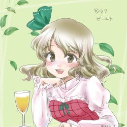 Rule 34 | alcohol, beer, beerko, blonde hair, blush, bow, brown eyes, cup, dress, green background, green bow, green ribbon, hair bow, happy, highres, io (maryann blue), leaf, light brown hair, long sleeves, looking at viewer, open mouth, original, plaid, plaid dress, ribbon, short hair, solo, teeth, wavy hair, white sleeves, yellow eyes