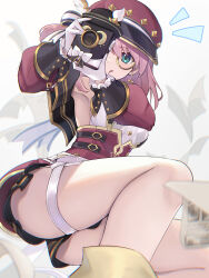 Rule 34 | 1girl, :q, absurdres, bare legs, bare shoulders, cabbie hat, camera, charlotte (genshin impact), commentary request, genshin impact, hat, highres, holding, holding camera, looking at viewer, pink hair, red hat, red skirt, skirt, smile, solo, thigh strap, thighs, tongue, tongue out, ura (hamburg oniku)