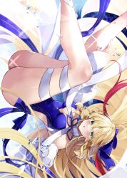 Rule 34 | 1girl, absurdres, artoria caster (fate), artoria caster (swimsuit) (fate), artoria caster (swimsuit) (third ascension) (fate), artoria pendragon (fate), ass, bare shoulders, blonde hair, blue one-piece swimsuit, blue ribbon, blush, bow, breasts, detached sleeves, facial mark, fate/grand order, fate (series), forehead mark, green eyes, hair ornament, hair ribbon, highleg, highleg swimsuit, highres, large breasts, legs up, looking at viewer, medium breasts, misaki346, one-piece swimsuit, ribbon, solo, swimsuit, white bow, wide sleeves
