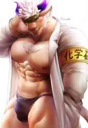 Rule 34 | 1boy, abs, animal ears, bara, bare pecs, black male underwear, blush, briefs, brown fur, bulge, bursting pecs, camouflage, camouflage headwear, chest hair, chillasan, coat, cow ears, cow horns, cowboy shot, erection, erection under clothes, facial hair, furry, goatee, headband, highres, horns, labcoat, large pectorals, long sideburns, male focus, male underwear, mature male, minotaur, muscular, muscular male, navel, nipples, no pants, open clothes, open coat, pectorals, purple eyes, purple horns, shennong (tokyo houkago summoners), short hair, solo, stomach, thick thighs, thighs, tokyo houkago summoners, underwear, white hair