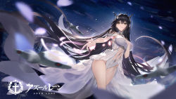 Rule 34 | 1girl, absurdres, azur lane, black hair, breasts, cloud, cloudy sky, commentary request, copyright name, dress, flower, green eyes, gujianshaonu, hair flower, hair ornament, hand on own chest, highres, indomitable (azur lane), large breasts, logo, long hair, looking away, night, night sky, official art, parted lips, petals, simple background, sky, sleeveless, sleeveless dress, smile, solo, thighs, turtleneck, very long hair, white dress
