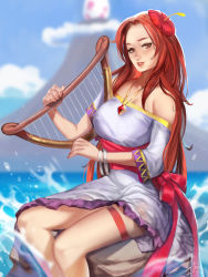 Rule 34 | 1girl, artist name, bangle, blue sky, bracelet, breasts, brown eyes, brown hair, dated, day, dress, egg, flower, hair flower, hair ornament, hibiscus, highres, ja mong, jewelry, long hair, lyre, marin (zelda), medium breasts, mountain, necklace, nintendo, ocean, outdoors, parted lips, pink ribbon, ribbon, rock, short sleeves, sitting, sitting on rock, sky, solo, the legend of zelda, the legend of zelda: link&#039;s awakening, windfish&#039;s egg
