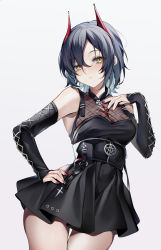 Rule 34 | 1girl, absurdres, alternate costume, azur lane, bare shoulders, black dress, black hair, blue hair, breasts, cleavage, closed mouth, detached sleeves, dress, fishnet top, fishnets, goth fashion, hair between eyes, hand on own hip, hand on thigh, highres, horns, long sleeves, looking at viewer, mechanical horns, medium breasts, multicolored hair, nail polish, pentagram, red horns, red nails, see-through, see-through cleavage, shiro kanae, short dress, short hair, simple background, sleeveless, sleeveless dress, solo, standing, thigh gap, two-tone hair, ulrich von hutten (azur lane), white background, yellow eyes