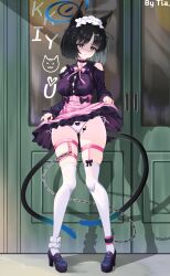 Rule 34 | 1girl, absurdres, alternate costume, animal ears, black choker, black dress, black eyes, blue archive, blue halo, bow, bow panties, cat ears, cat tail, chain, choker, clothes lift, clothing cutout, dress, frills, full body, gothic lolita, hairband, halo, heart, heart choker, highres, kikyou (blue archive), lifted by self, lolita fashion, lolita hairband, multiple tails, nekomata, panties, pigeon-toed, short hair, shoulder cutout, skirt, skirt lift, solo, tail, thigh strap, thighhighs, tia (4017342), two tails, underwear, white panties, white thighhighs