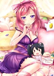 Rule 34 | 10s, 1girl, amano yuki, ankle lace-up, black hair, blush, blush stickers, bow, breasts, candy wrapper, character doll, character name, cleavage, cross-laced footwear, doll, dress, hair bow, hair ribbon, happy birthday, looking at viewer, love live!, love live! school idol project, nightgown, nishikino maki, open mouth, pom pom (clothes), purple dress, purple eyes, red hair, ribbon, short hair, strap slip, twintails, yazawa nico