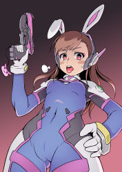 Rule 34 | 1girl, animal ears, blush, bodysuit, brown hair, covered navel, d.va (overwatch), facial mark, gun, hand on own hip, headphones, highres, long hair, looking at viewer, open mouth, overwatch, overwatch 1, rabbit ears, rke, solo, sweat, sweatdrop, tongue, tongue out, weapon