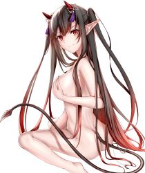 Rule 34 | 1girl, aidesa, ass, bad id, bad pixiv id, between legs, black hair, breasts, closed mouth, commentary, covering privates, covering breasts, from behind, gradient hair, hair between eyes, hair ornament, hand between legs, hand on own chest, highres, horns, long hair, looking at viewer, looking back, medium breasts, multicolored hair, nude, oni, original, pointy ears, red eyes, side ponytail, sitting, smile, solo, tail, tassel, wariza, white background