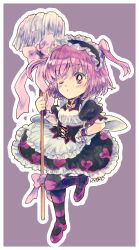 Rule 34 | 1girl, apron, black corset, black dress, black thighhighs, blush, border, closed mouth, corset, cross-laced clothes, dot mouth, dress, frilled cuffs, frilled dress, frills, hand on own hip, hand up, heart, heart print, highres, holding, holding mop, leg up, looking at viewer, magia record: mahou shoujo madoka magica gaiden, magical girl, mahou shoujo madoka magica, maid headdress, makino ikumi, mary janes, mixed media, mop, one eye closed, outline, pink eyes, pink footwear, pink hair, pink thighhighs, print dress, puffy short sleeves, puffy sleeves, purple background, shoes, short hair, short sleeves, shrug (clothing), signature, solo, striped clothes, striped thighhighs, thighhighs, two side up, uwded 207, white apron, white border, white outline