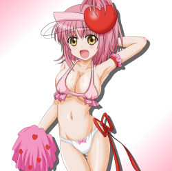Rule 34 | 1girl, armpits, breasts, cleavage, groin, highres, large breasts, navel, aged up, panties, pink hair, pom pom (cheerleading), shugo chara!, solo, takumi (rozen garten), underwear, underwear only, white panties, yellow eyes