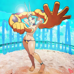 Rule 34 | 1girl, absurdres, anklet, arms up, beach, bikini, bikini bottom only, blue hair, blue lips, blue skin, blue sky, breasts, cerebella (skullgirls), character name, choker, cleavage, colored skin, contrapposto, covering privates, covering another&#039;s breasts, covering breasts, dark-skinned female, dark skin, eyeshadow, full body, hat, highres, jewelry, large breasts, lipstick, makeup, mittu02, navel, open mouth, sand, sideboob, skullgirls, sky, smile, solo, standing, swimsuit, topless, vice-versa (skullgirls), wide hips