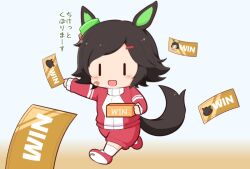 Rule 34 | 1girl, :d, animal ears, bandaid, bandaid on cheek, bandaid on face, black hair, blush stickers, chibi, english text, gomashio (goma feet), grey background, hair ornament, hairclip, holding, horse ears, horse girl, horse tail, jacket, kneehighs, open mouth, red footwear, red jacket, red shorts, running, shoe soles, shoes, shorts, smile, socks, solo, swept bangs, tail, track jacket, translation request, umamusume, white socks, winning ticket (racehorse), winning ticket (umamusume), | |