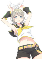Rule 34 | 1girl, absurdres, armpits, arms up, bare shoulders, black sailor collar, black shorts, black sleeves, blue eyes, blush, bow, bowtie, breasts, chestnut mouth, collarbone, cosplay, cowboy shot, detached sleeves, dot nose, eitopondo, from above, grey hair, hair bow, hair ornament, hair ribbon, hairclip, headset, highres, idolmaster, idolmaster shiny colors, kagamine rin, kagamine rin (cosplay), looking at viewer, looking down, midriff, musical note, musical note print, navel, print shirt, ribbon, sailor collar, serizawa asahi, shirt, short hair, shorts, simple background, sleeveless, sleeveless shirt, small breasts, solo, standing, two-tone belt, vocaloid, white background, white ribbon, white shirt, yellow bow, yellow bowtie, yellow trim