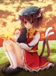 Rule 34 | 1girl, animal ears, blush, bow, brown hair, cat, cat ears, cat tail, chen, cloud, cloudy sky, earrings, evening, frills, grass, hat, heart, heart-shaped pupils, highres, jewelry, long sleeves, looking at viewer, mary janes, mitoki 6x6, multiple tails, nail polish, red eyes, shoes, short hair, sitting, skirt, sky, smile, socks, solo, sparkle, symbol-shaped pupils, tail, touhou, white socks