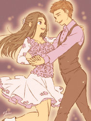 Rule 34 | 1boy, 1girl, black hair, brother and sister, brown hair, dancing, dress, english text, half updo, hetero, holding hands, michele crispino, open mouth, purple eyes, sara crispino, siblings, smile, snowchild, twins, waistcoat, yuri!!! on ice