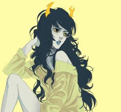Rule 34 | 1girl, asymmetrical horns, mismatched irises, bare shoulders, black hair, blue eyes, colored sclera, colored skin, fangs, glasses, grey skin, hand in own hair, happyds, homestuck, horns, lipstick, long hair, makeup, mismatched horns, sharp teeth, sitting, solo, sweater, teeth, vriska serket, wavy hair, yellow background, yellow sclera