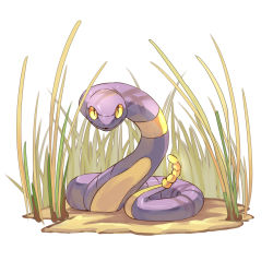 Rule 34 | commentary request, creatures (company), dlitw, ekans, full body, game freak, gen 1 pokemon, grass, highres, looking at viewer, nintendo, no humans, pokemon, pokemon (creature), shiny skin, snake, solo, white background, yellow eyes