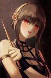 Rule 34 | 1girl, bare shoulders, black gloves, black hair, blush, breasts, cleavage, collarbone, commentary, dark background, earrings, eyelashes, fingerless gloves, flower, gloves, gongha, hair flower, hair ornament, hairband, highres, holding, holding weapon, jewelry, long hair, looking at viewer, medium breasts, open mouth, parted lips, pendant, red eyes, sidelighting, sidelocks, simple background, sleeveless, solo, spy x family, straight-on, upper body, weapon, yor briar